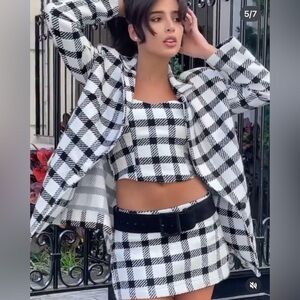 LeBlog Store -Black & White Plaid Tweed 3-Piece Set - Cropped Top, Skirt, Blazer